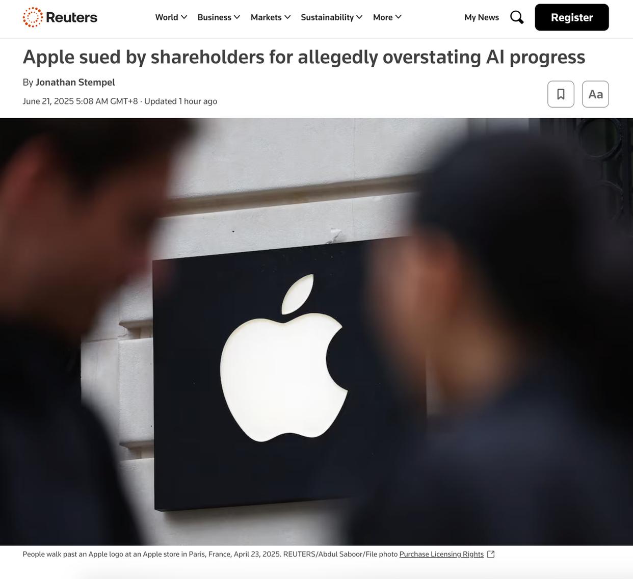 苹果股东集体诉讼：Apple Intelligence项目未能实施导致股价下跌